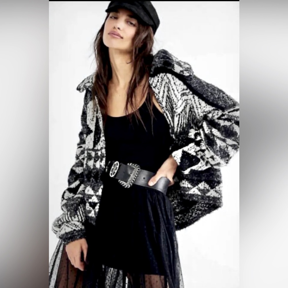 Free People One And Another Cardi, Geometric Print, Black and White, Sz Sml